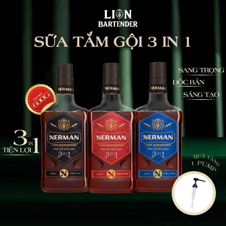 [BẢN MỚI 600G] Sữa tắm gội rửa mặt 3in1 Nerman Lion Bartender 600G làm sạch da và tóc, giúp dưỡng ẩm