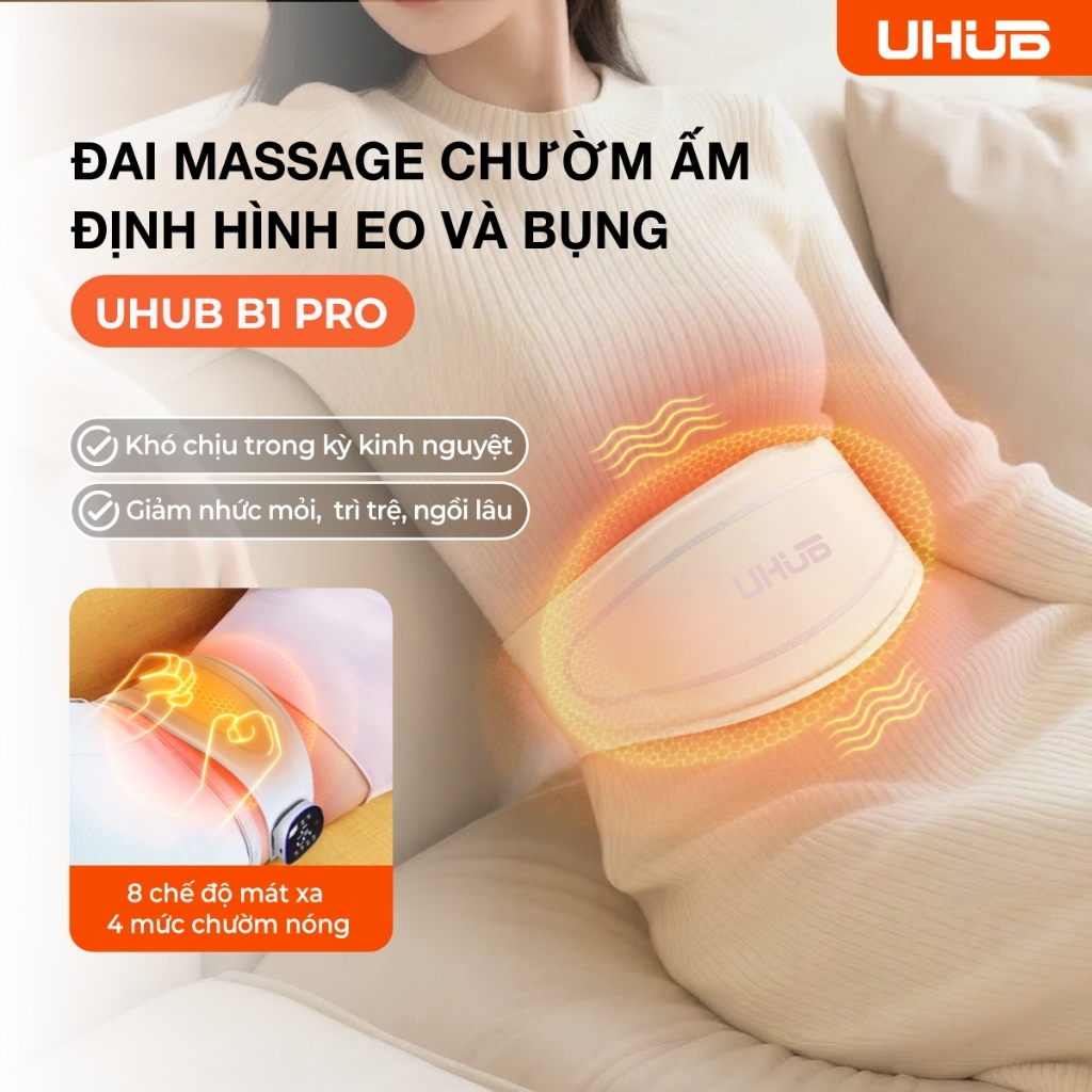 Đai Massage Chườm Ấm bụng kinh UHUB B1 Pro, xung kép EMS TENS, Định Hình Eo, Lưng,Bụng, 8 chế độ,19 mức lực linh hoạt | BigBuy360 - bigbuy360.vn