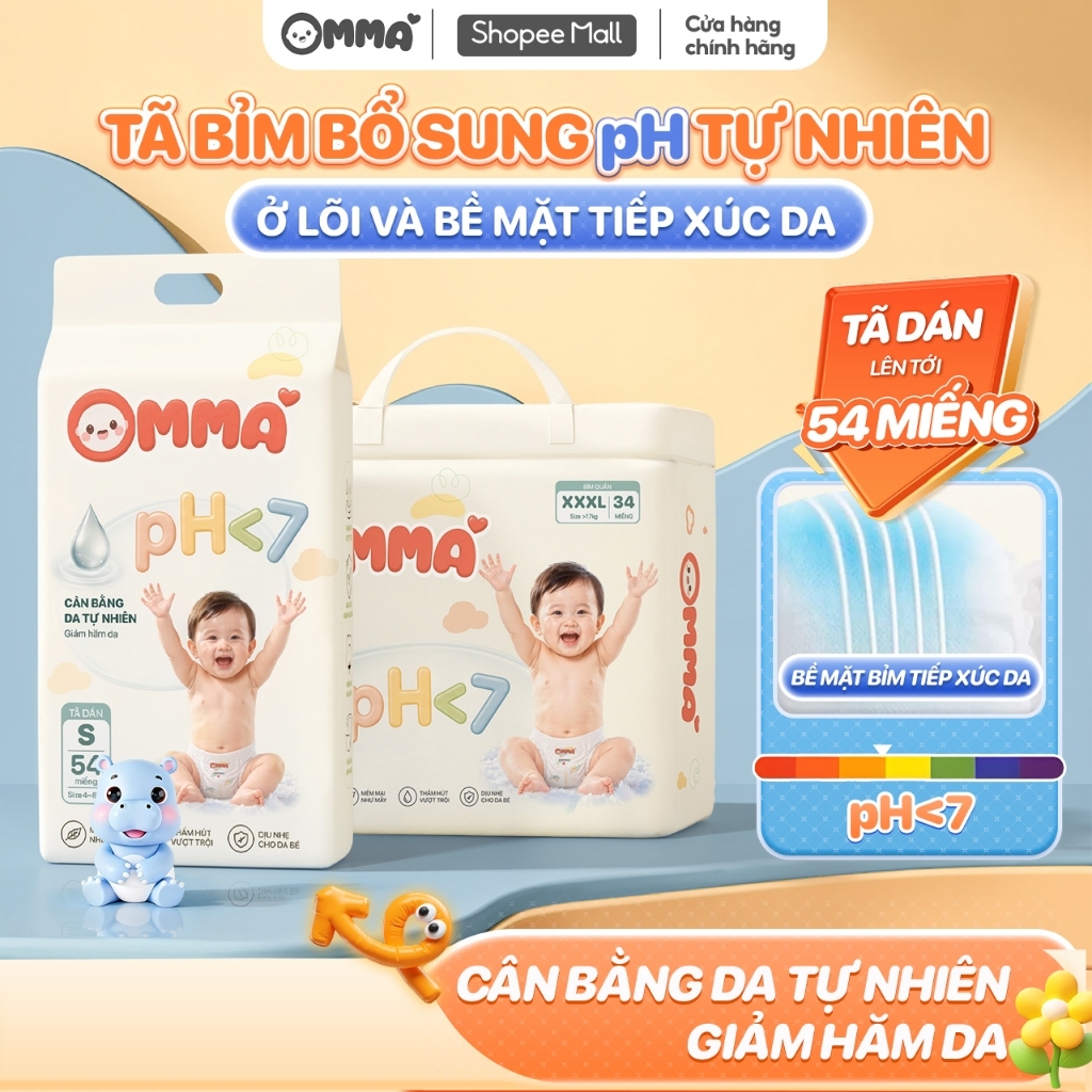 ĐỘC QUYỀN RA MẮT | Tã bỉm quần dán OMMA Care Mềm Mại, Thấm Hút Tốt, pH<7 Bảo Vệ Làn Da Bé, Đủ Size S/M/L/XL/2XL/3XL