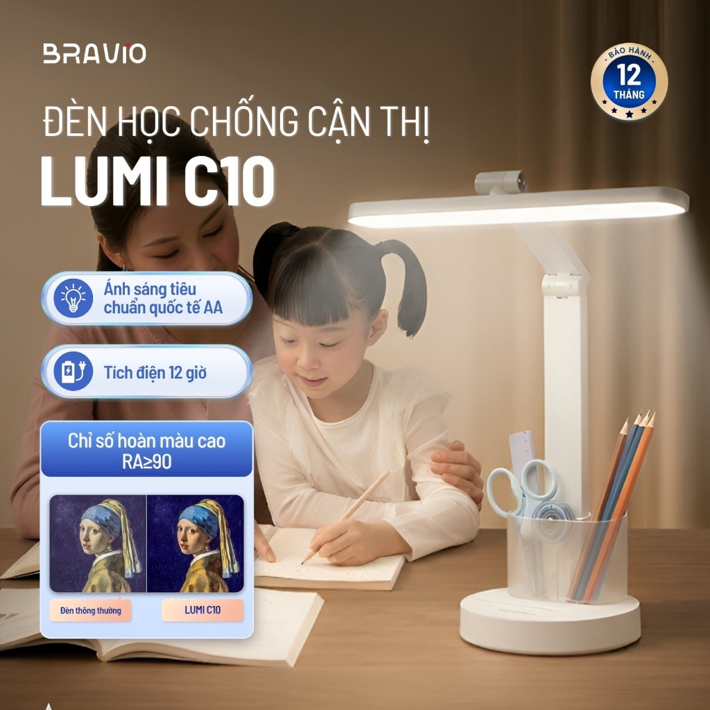 Đèn học để bàn chống cận thị Bravio Lumi C10 đèn học tích điện bàn làm việc đọc sách LED bảo vệ mắt cho bé sạc pin