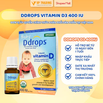 Vitamin Ddrops D3 Baby 400IU, Vitamin Hỗ trợ hấp thu canxi & phát triển xương răng cho bé sơ sinh
