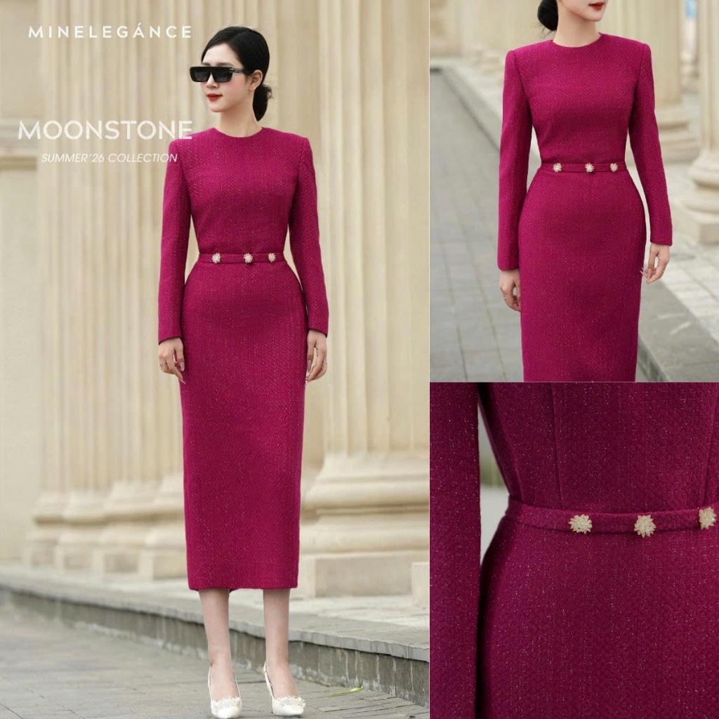 MINELEGÁNCE | VÁY CỔ TRÒN ĐÍNH ĐÁ DÁNG DÀI, SANG TRỌNG, THANH LỊCH - MIN103D
