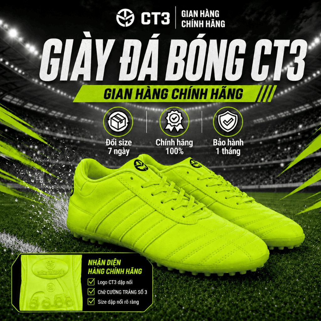 Giày đá bóng CT3 xanh nõn chuối chính hãng CT3, giày đá banh, chất liệu cao cấp, đế nhựa dẻo cao cấp, khâu toàn bộ đế