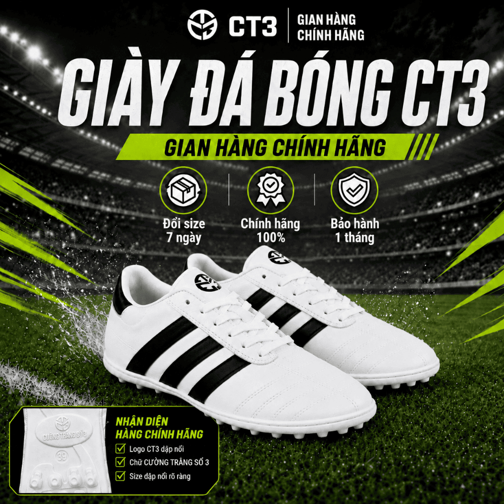 Giày đá bóng ba sọc CT3, giày đá banh sân cỏ nhân tạo, chất liệu cao cấp khâu toàn bộ đế
