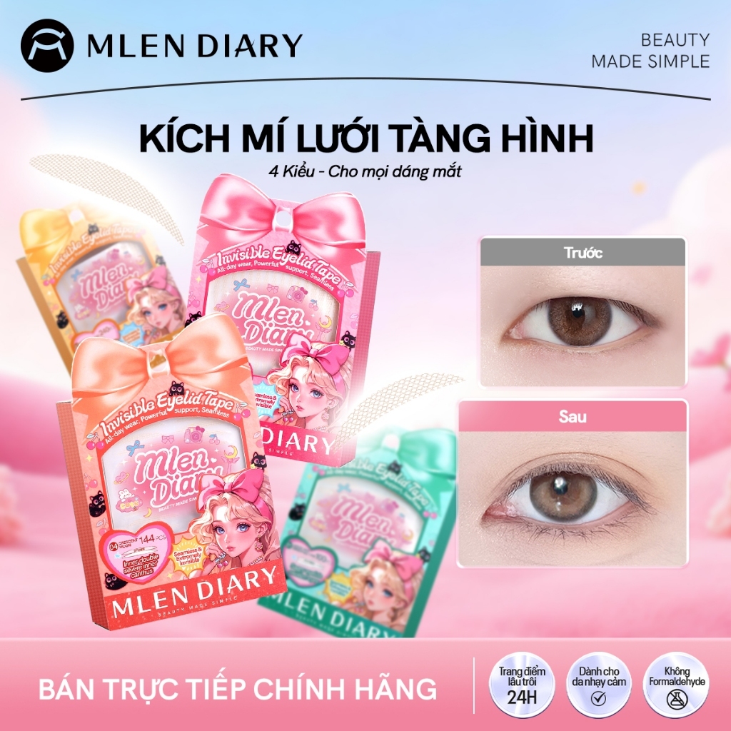MLEN DIARY Miếng Dán Kích Mí Lưới Tàng Hình Nhiều Kiểu Dáng Mắt Kích Mí Lưới Không Lộ Viền Giữ Nếp Cả Ngày Dễ Dán