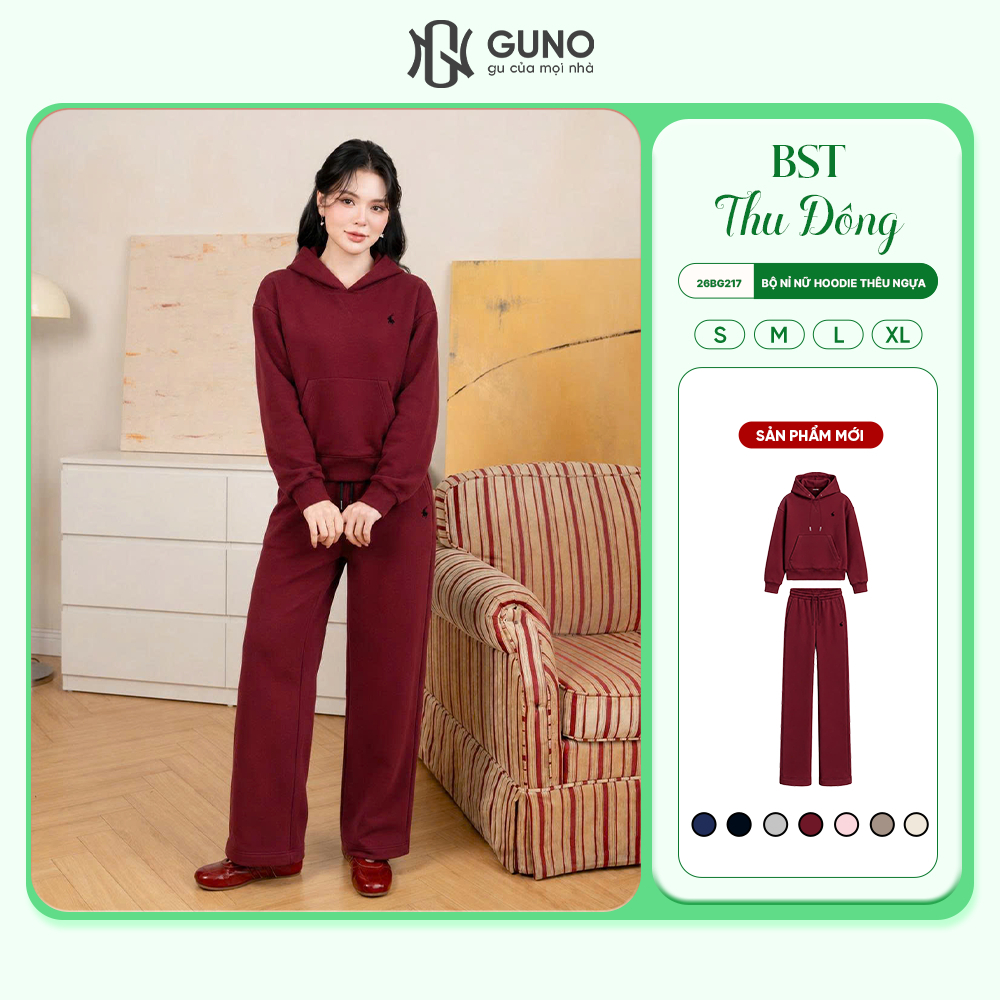 Set bộ quần áo Nữ GUNO Nỉ Hoodie có mũ logo thêu ngựa thời trang quần ống suông hack dáng 26BG217