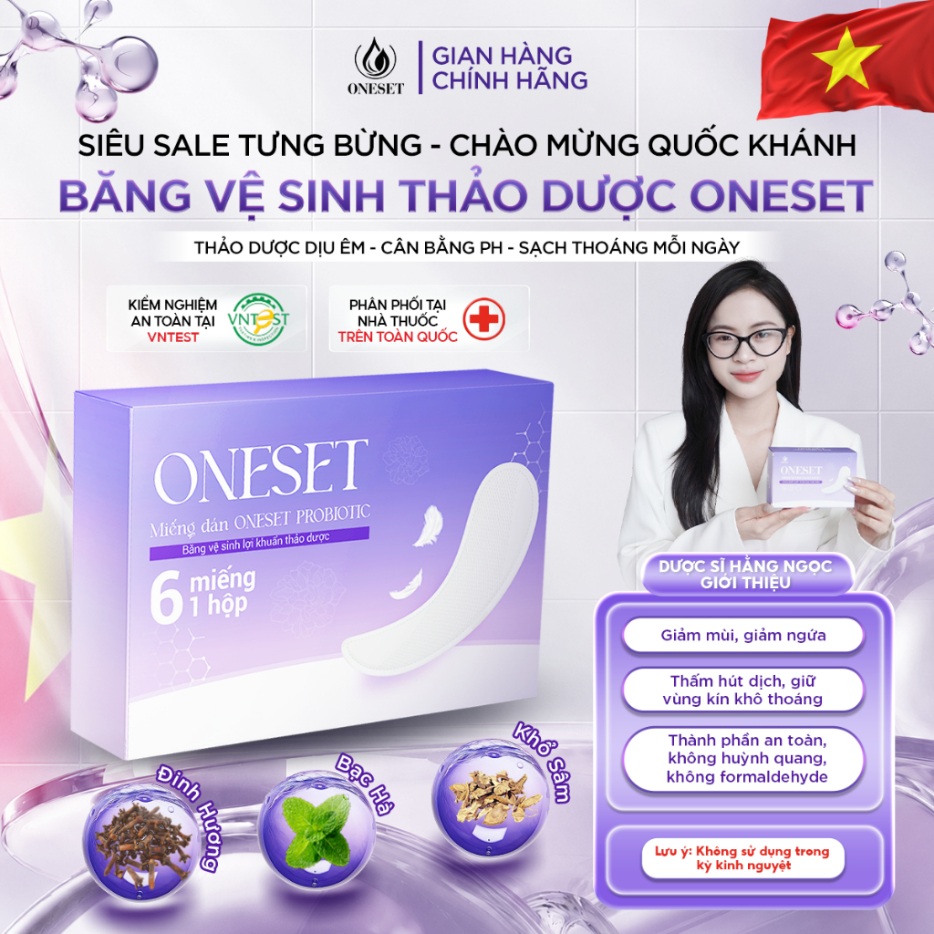 Băng vệ sinh thảo dược ONESET giảm mùi, giảm ngứa, khô thoáng, hỗ trợ cân bằng pH, 13x8,5cm, 6 miếng