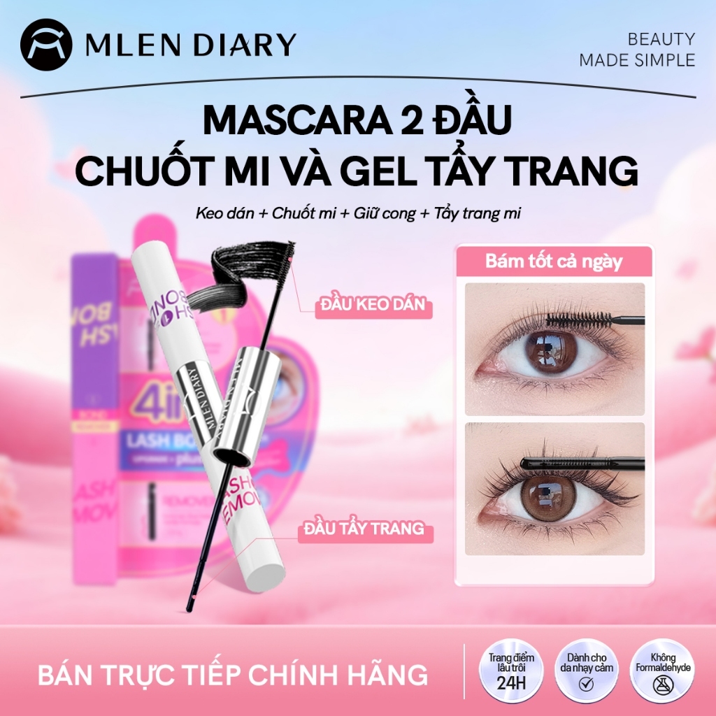 MLEN DIARY Keo Dán Mi Hai Đầu Mascara 4in1 Chuốt Mi Cong Keo Dán Mi Giúp Dày Mi Giữ Nếp Dài Lâu Lâu Trôi Kèm Tẩy Trang