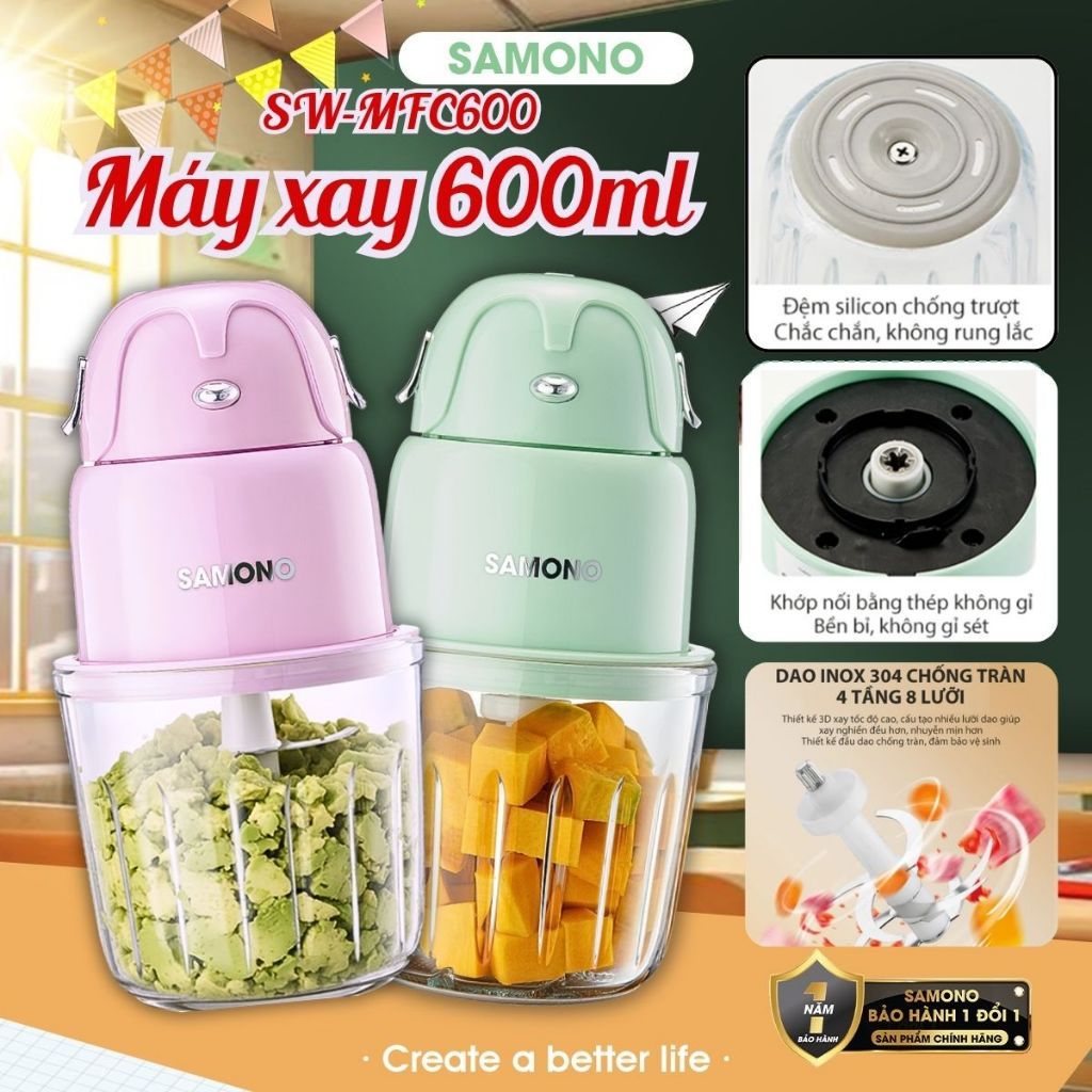 (DAO 8 CÁNH) Máy xay ăn dặm 0.6L Samono SW-MFC600 cho bé, 200W, cối thủy tinh, xay thịt nhuyễn mịn, hành tỏi ớt
