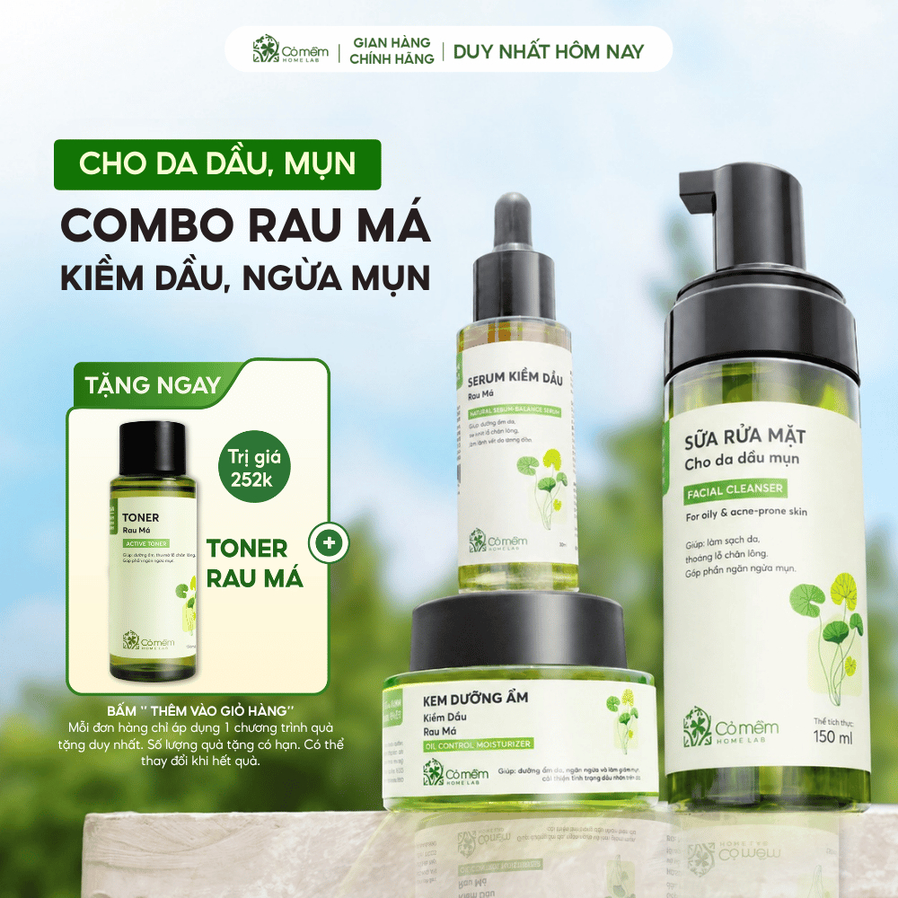 Bộ Chăm Sóc Da 3 Bước Sữa Rửa Mặt Serum Và Kem Dưỡng Ẩm Kiềm Dầu Rau Má Cỏ Mềm