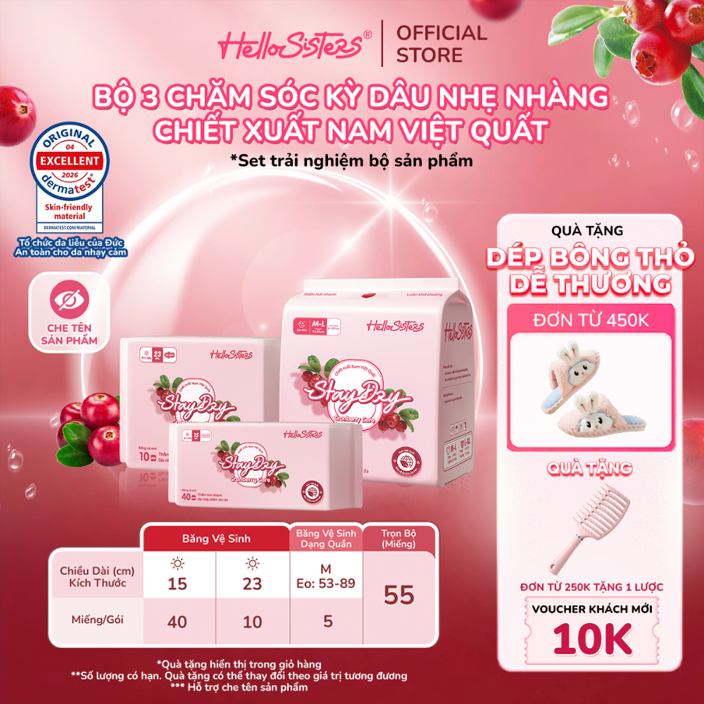 Bộ 3 Gói Băng Vệ Sinh Băng Quần HelloSisters Cranberry Care Nam Việt Quất Kháng Khuẩn, Mỏng Nhẹ, Siêu Thấm Chống Tràn