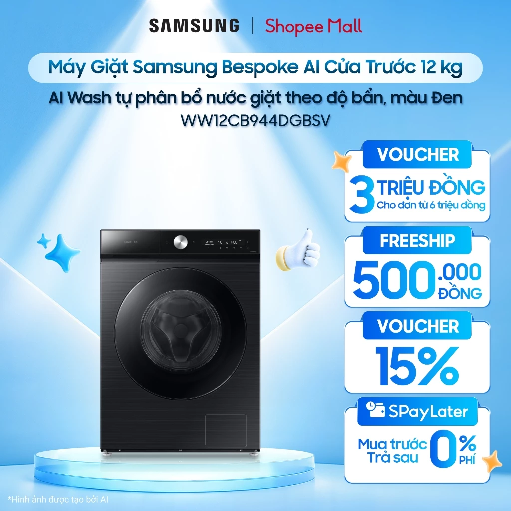 Máy Giặt Samsung Bespoke AI Cửa Trước 12 kg WW12CB944DGBSV - AI Wash tự phân bổ nước giặt theo độ bẩn, màu Đen