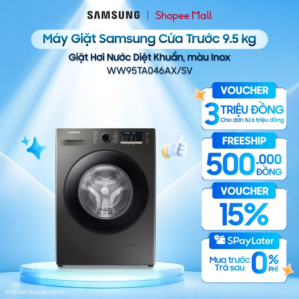 Máy Giặt Samsung Cửa Trước 9.5 kg WW95TA046AX/SV -  Giặt Hơi Nước Diệt Khuẩn, màu Inox