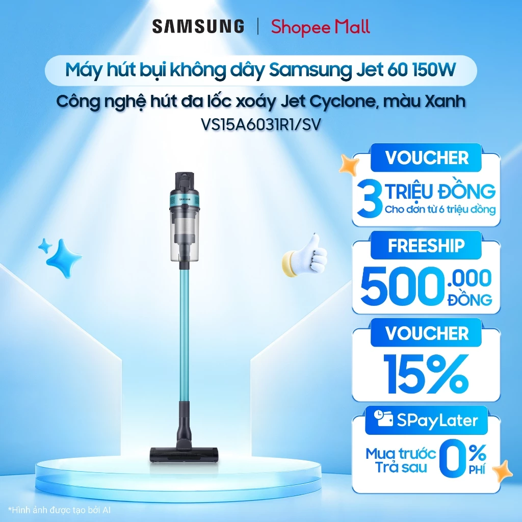 Máy hút bụi không dây Samsung Jet 60 150W VS15A6031R1 - Công nghệ hút đa lốc xoáy Jet Cyclone, màu Xanh