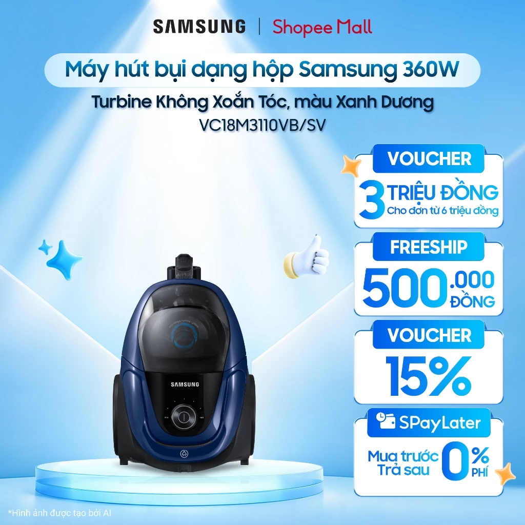 Máy hút bụi dạng hộp Samsung 360W VC18M3110VB/SV - Turbine Không Xoắn Tóc, màu Xanh Dương