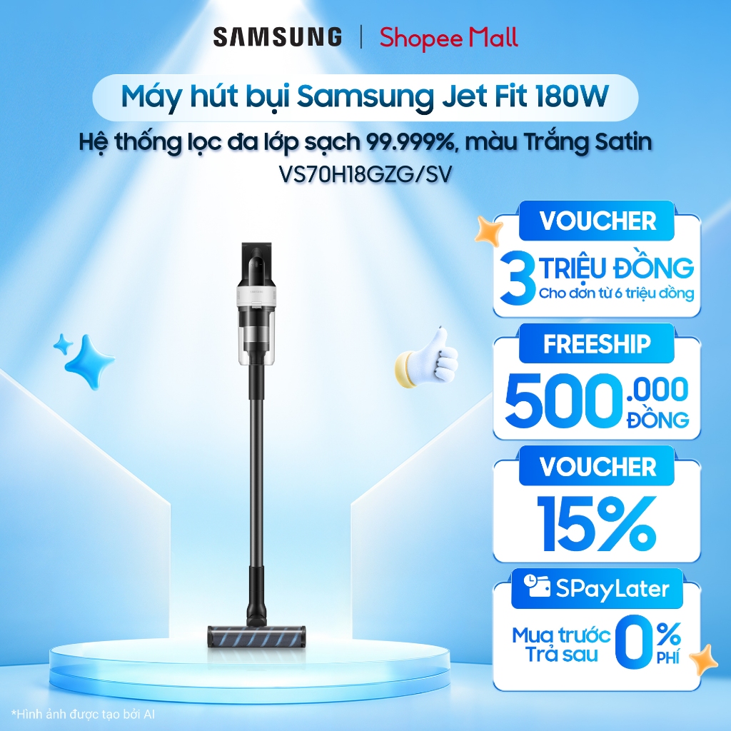 Máy hút bụi Samsung Jet Fit 180W VS70H18GZG/SV - Hệ thống lọc đa lớp sạch 99.999%, màu Trắng Satin