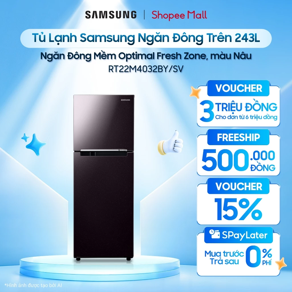 Tủ Lạnh Samsung Ngăn Đông Trên 236L RT22M4032BY/SV - Ngăn Đông Mềm Optimal Fresh Zone, màu Nâu