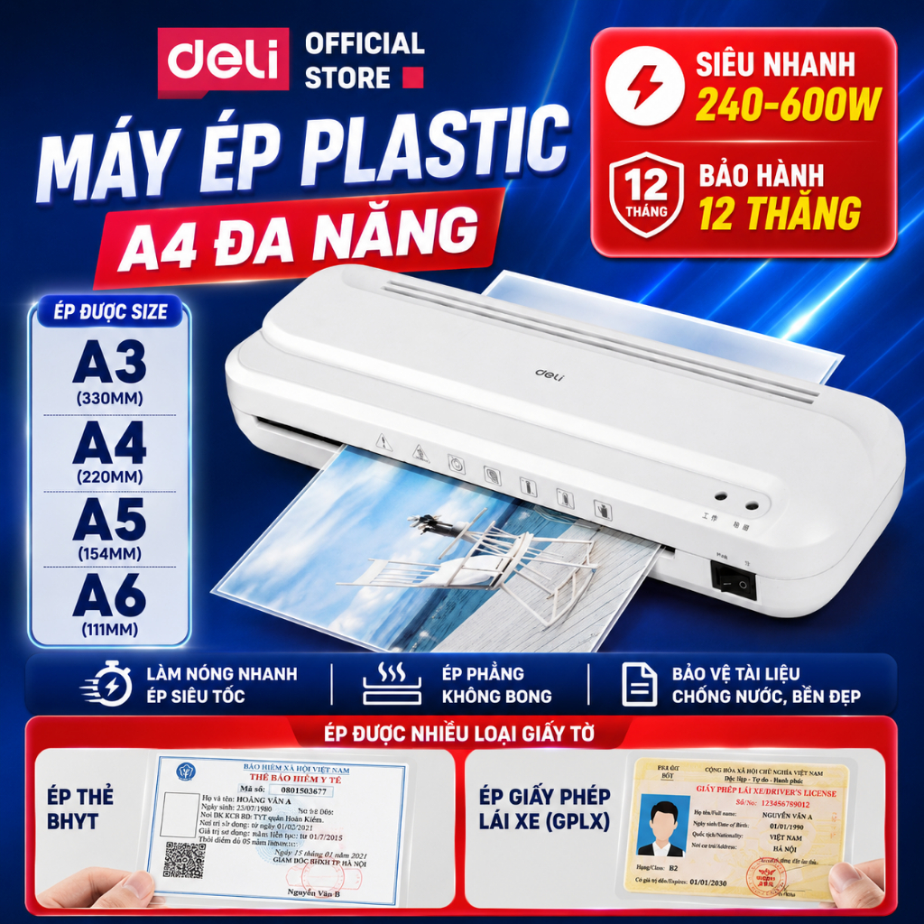 Máy Ép Plastic Khổ A3 A4 Chính Hãng DELI - Máy Ép Nhiệt Nhựa Dẻo Cán Màng Ảnh  An Toàn Dễ Sử Dụng Tài Liệu Bằng Khen