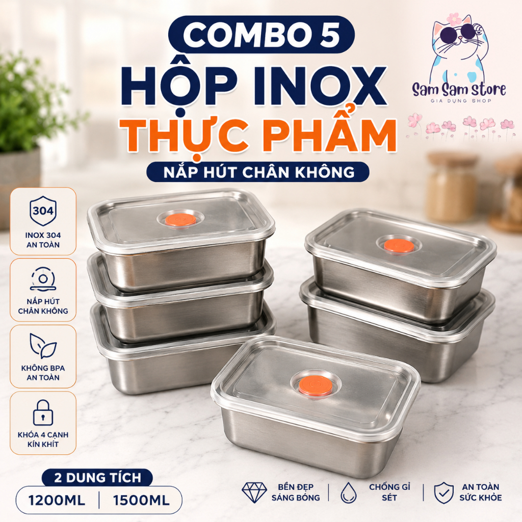 Combo 5 Hộp Thực Phẩm  Inox 1200ML, 1500ML Loại 1 Nắp Hút Chân Không, Khay Đựng Thực Phẩm Ngăn Mùi Tủ Lạnh