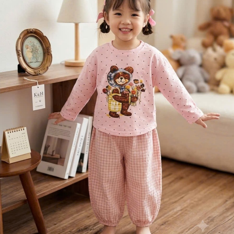 Đồ bộ dài tay bé gái in họa tiết gấu dễ thương 9-35kg (ms 74)