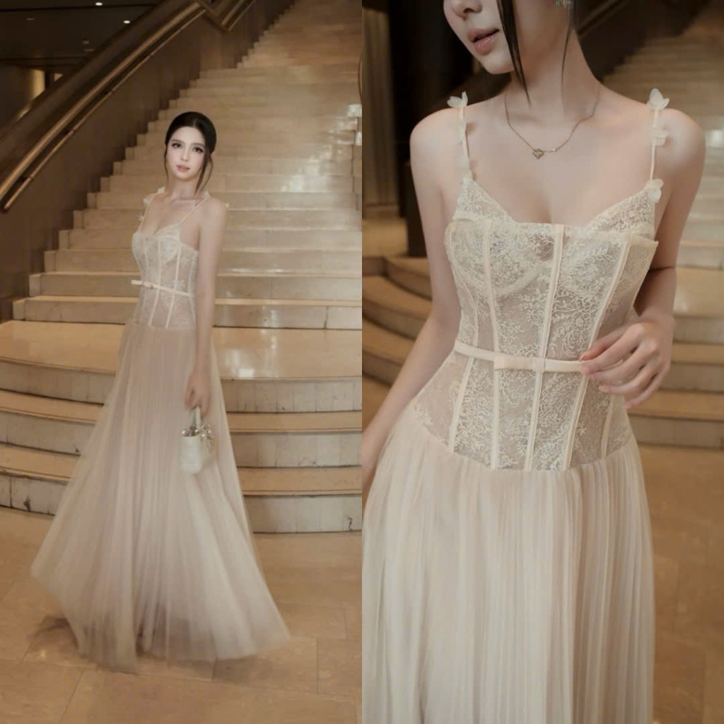 Đầm Maxi Ren Corset Hai Dây Phối Lưới Đính Nơ Eo Sang Trọng Dự Tiệc