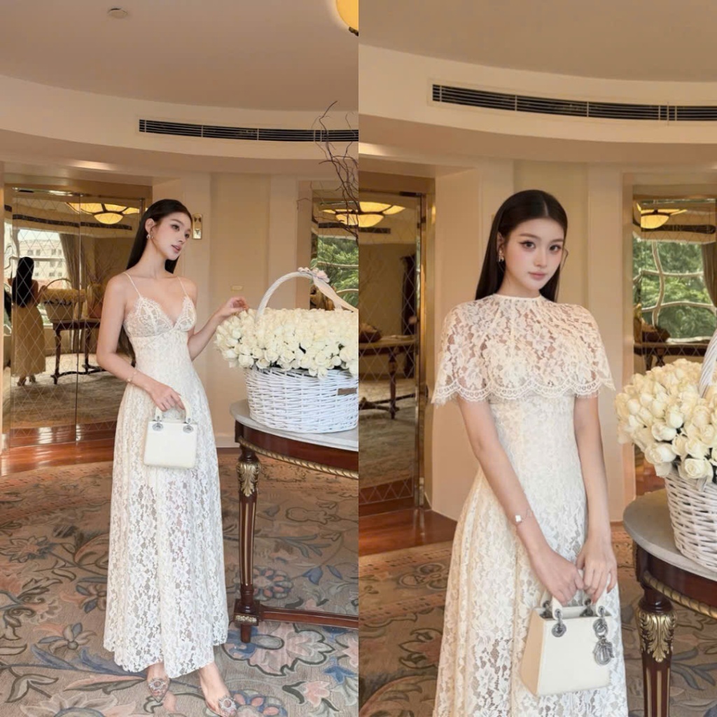 Đầm Dự Tiệc Ren Hai Dây Dáng Dài Kèm Choàng Thanh Lịch