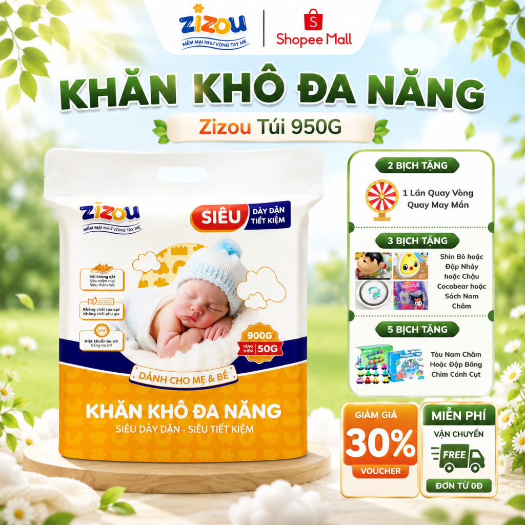 Khăn Vải Khô Đa Năng ZIZOU 950g(~640 tờ) Mặt Chấm Bi Dày Dặn Vải Không Dệt Dùng Cho Mẹ Và Bé