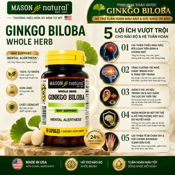 Viên Uống Bổ Não Mason Natural Ginkgo Biloba 125mg Hỗ Trợ Hoạt Huyết, Tăng Cường Tuần Hoàn Não, Giảm Đau Đầu & Tiền Đình