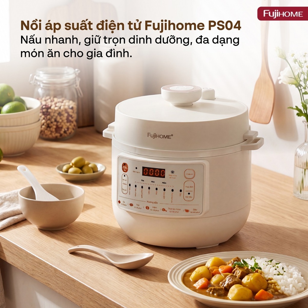 NỒI ÁP SUẤT ĐIỆN TỬ FUJIHOME PS04 – 4 LÍT – 800W – 8 CHỨC NĂNG NẤU – HẸN GIỜ 24H