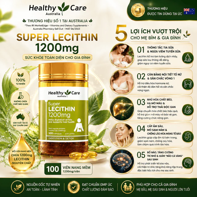 Viên Uống Mầm Đậu Nành Healthy Care Super Lecithin 1200mg (100 Viên) - Cân Bằng Nội Tiết Tố Nữ, Đẹp Da, Giảm Tắc Tia, V1