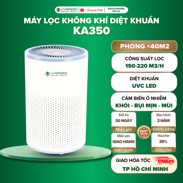 Máy Lọc Không Khí Diệt Khuẩn UVGREEN KA350 40m2, UVC Led, Ion Âm, Lọc HEPA H13 Lọc Bụi Mịn, Hút Mùi