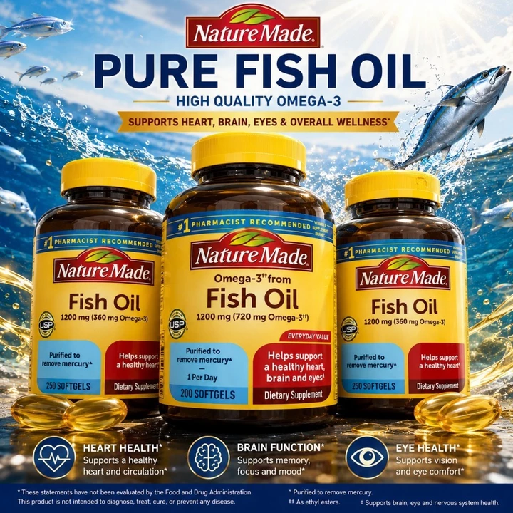 【Nhập khẩu chính hãng từ Mỹ】Dầu Cá Nature Made Fish Oil 1200mg (720mg Omega-3 )200 Viên