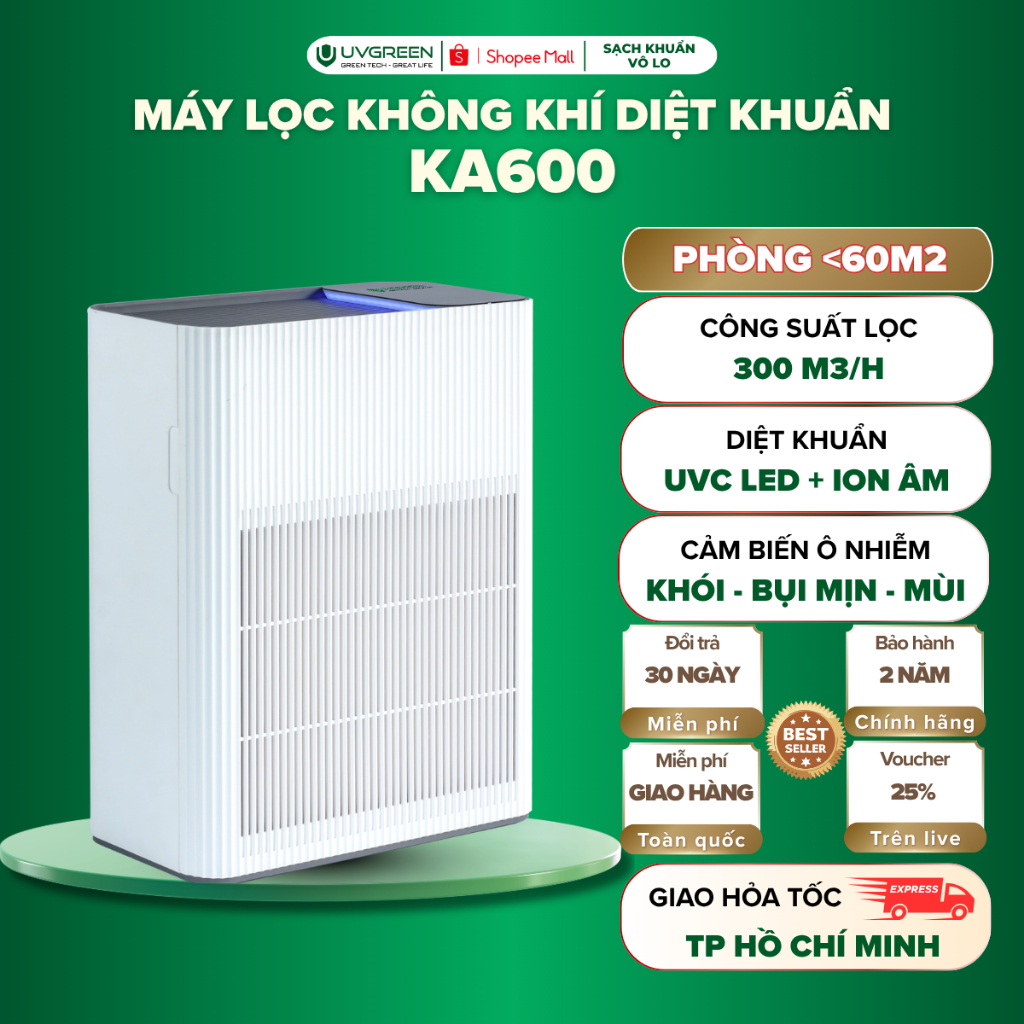 Máy Lọc Không Khí Diệt Khuẩn UVGREEN KA600 60m2, UVC Led, Ion Âm, HEPA H13 Lọc Bụi Mịn, Hút Mùi/Lông