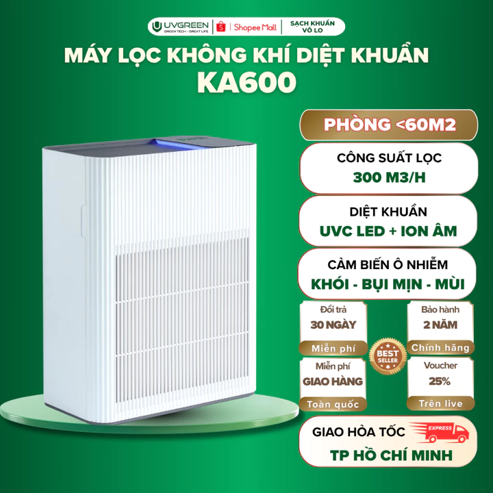 Máy Lọc Không Khí Diệt Khuẩn UVGREEN KA600 60m2, UVC Led, Ion Âm, HEPA H13 Lọc Bụi Mịn, Hút Mùi/Lông