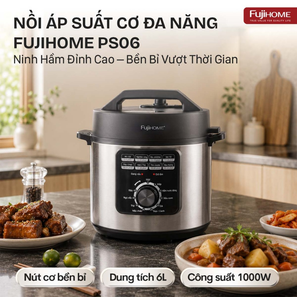 Nồi Áp Suất Cơ Đa Năng Fujihome PS06 6L - Lòng Nồi Inox, Hầm Xương Nấu Cháo Nhanh Tiện Lợi