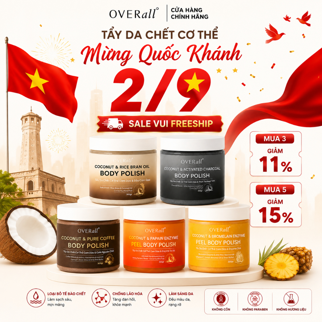 Tẩy Da Chết Cơ Thể Cơm Dừa OVERall 300g Sáng da Mờ Thâm An toàn Giảm Mụn Viêm lỗ chân lông - OVR01