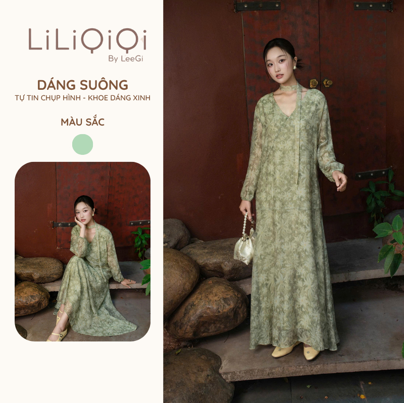 Váy Nữ Sang Chảnh Dáng Dài Suông Cổ Tim Hoạ Tiết Tay Bồng LiLiQiQi By LeeGi - VL37