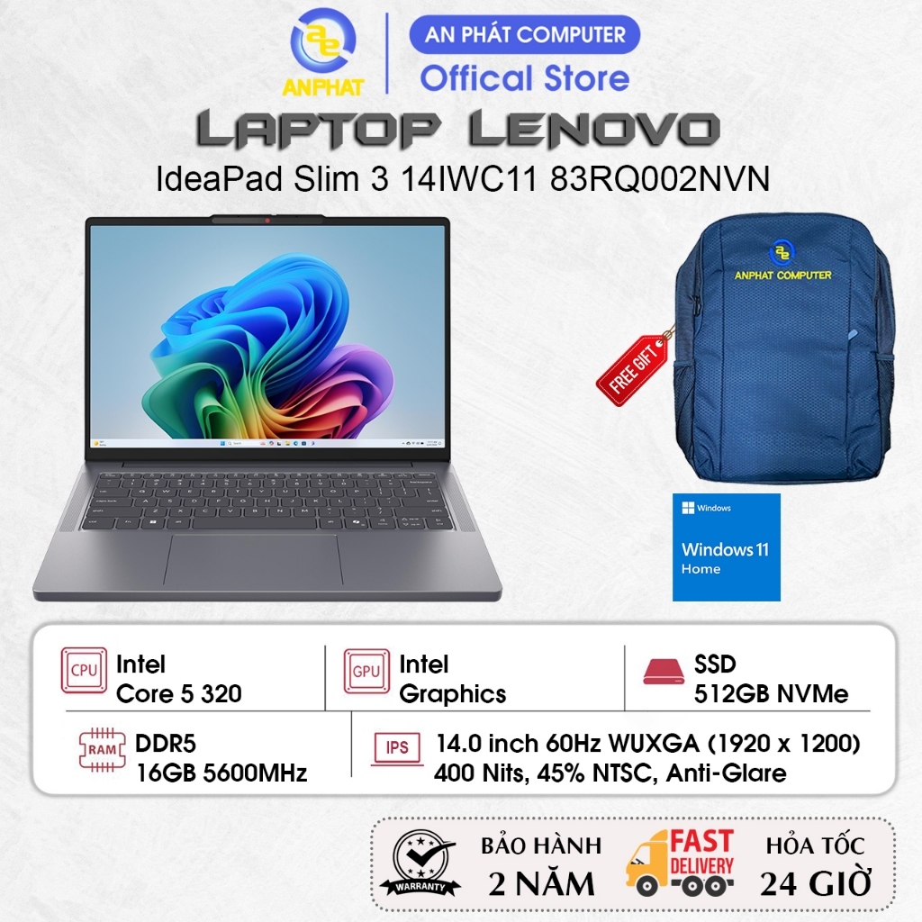Laptop Lenovo IdeaPad Slim 3 14IWC11 83RQ002NVN, Core 5 320, 16GB RAM, 512GB SSD, 14.0 FHD+ IPS, Win11