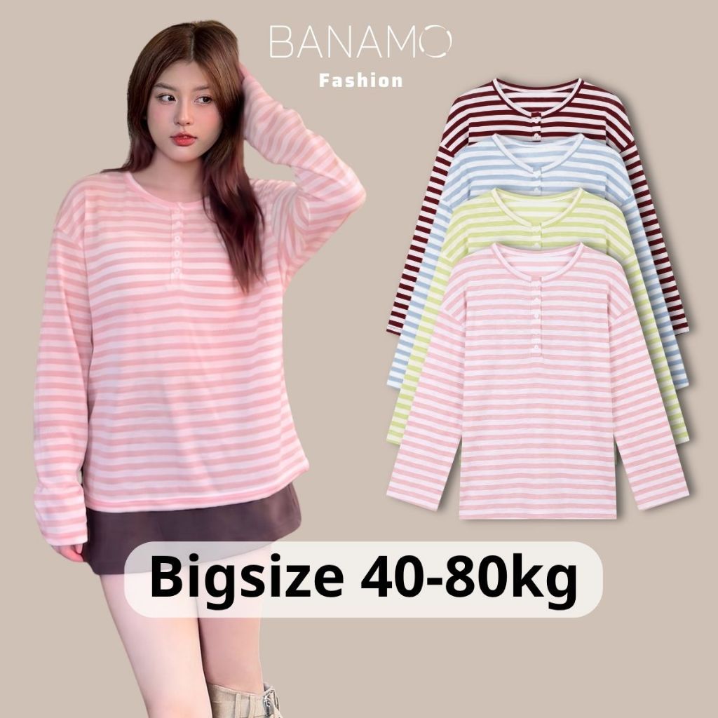 Áo thun nữ BIGSIZE Banamo Fashion tay dài kẻ sọc cổ trụ form suông phong cách Hàn Quốc 370