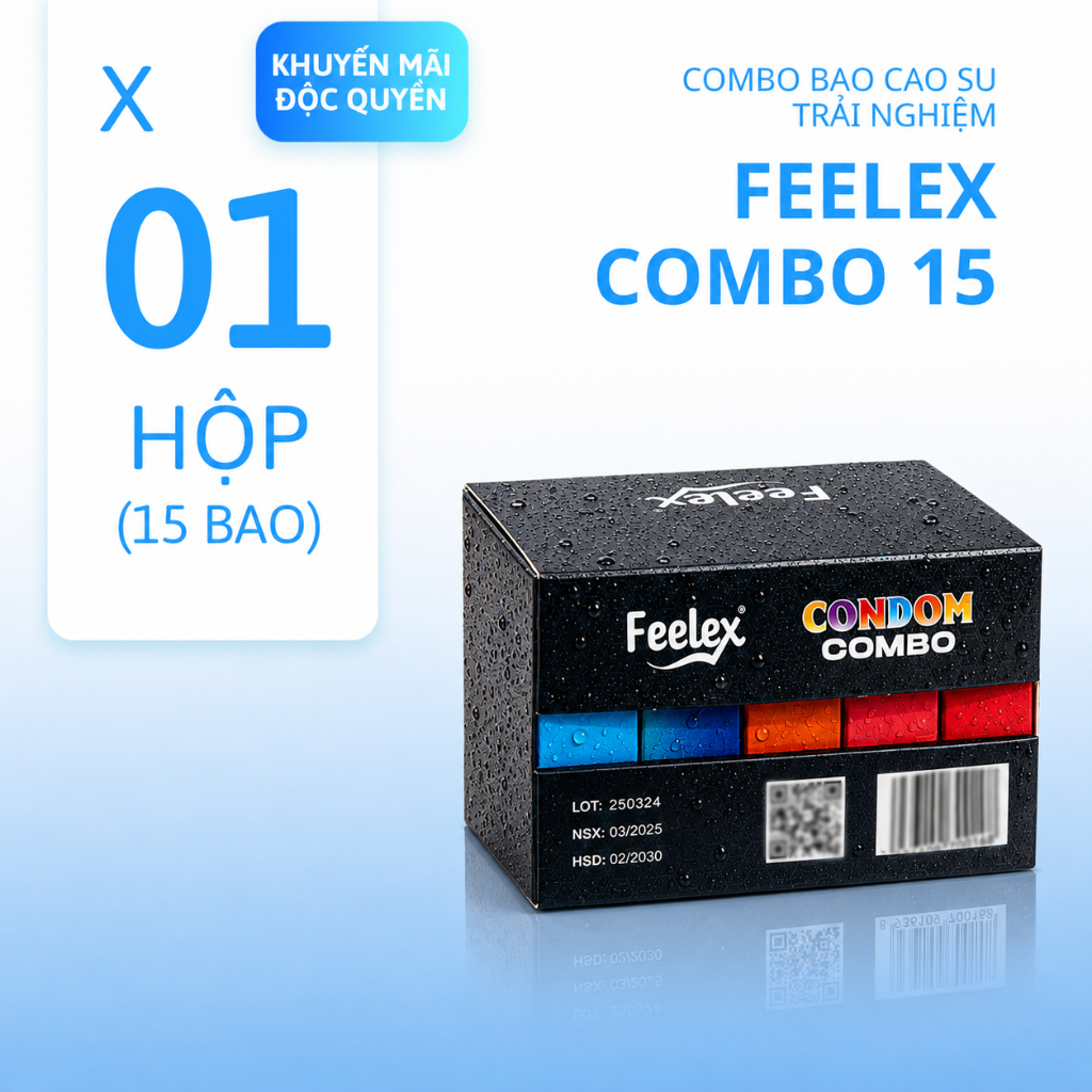 Combo Bao cao su 5 in 1 Feelex siêu mỏng, nhiều gel, gân gai đem lại nhiều cung bậc cảm xúc cùng một hộp 15 chiếc