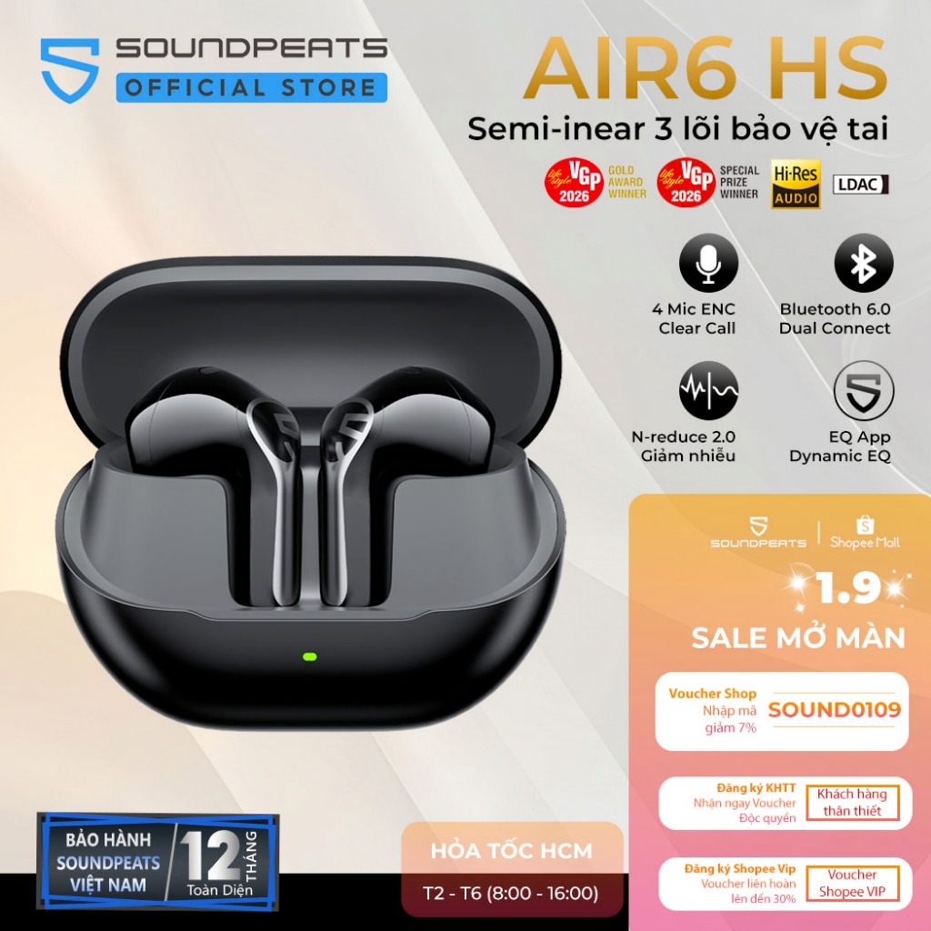 Tai Nghe True Wireless SoundPEATS Air6 HS Hires Audio | Driver Sinh Học 3 Lõi Bảo Vệ Tai | N-Reduce 2.0 | Bluetooth 6.0 | BigBuy360 - bigbuy360.vn