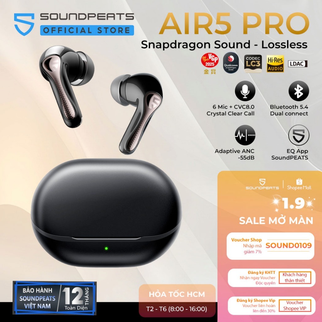 Tai nghe True Wireless SoundPEATS Air5 Pro ANC 55dB | LDAC Le Audio | APTX Lossless Bluetooth 5.4 | BigBuy360 - bigbuy360.vn