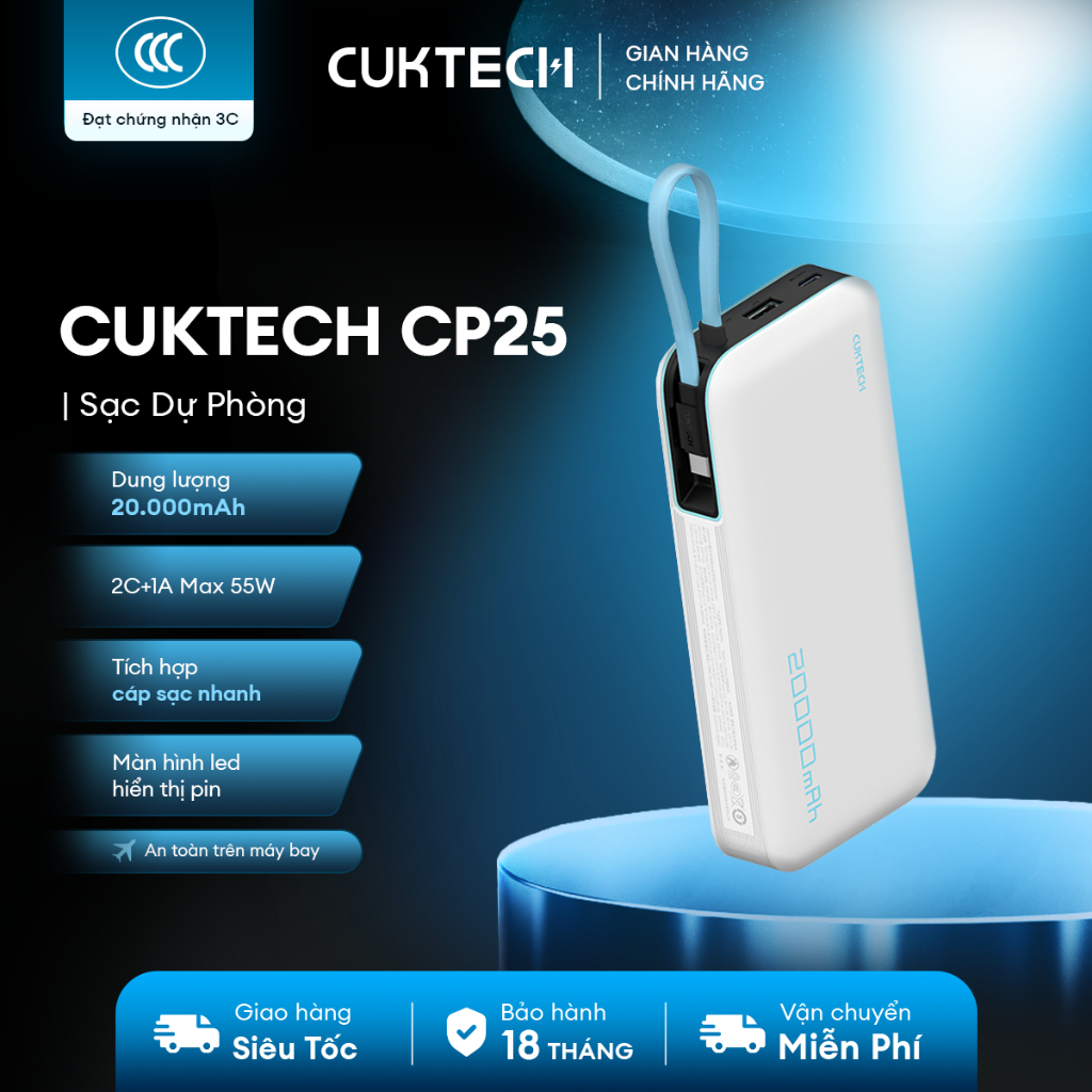 CUKTECH CP25 Sạc Di Động 2C1A Kèm Cáp | Sạc Nhanh 55W Max | Dung Lượng 20.000mAh | Bảo Hành 18 Tháng PB200N | BigBuy360 - bigbuy360.vn