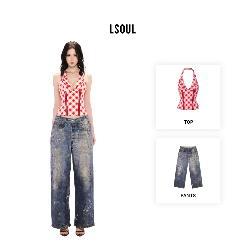 LSOUL Áo Corset Cổ Yếm Caro Đỏ Uzi Top + Quần Jeans Baggy Yeom Pants Ver 2 A25072829 J25070822