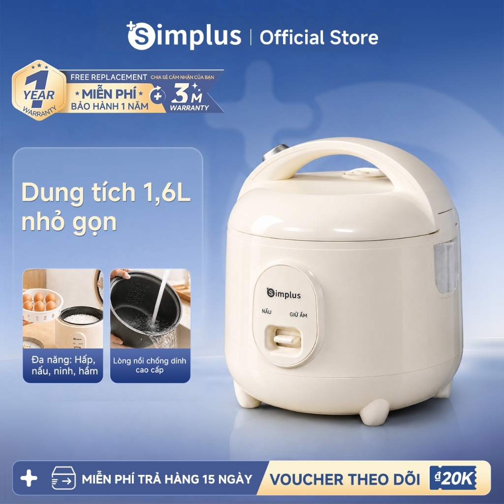 Simplus Dung tích đầy nước 1.6L mini dùng gia đình lòng nồi chống dính đa năng nấu hấp tích hợp khay hứng nước DFBA012