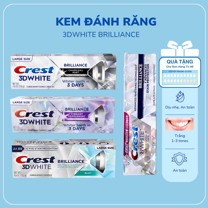 Kem đánh răng Crest 3D White Brilliance/Blash/Charcoal Tẩy trắng răng làm trắng răng an toàn hiệu quả