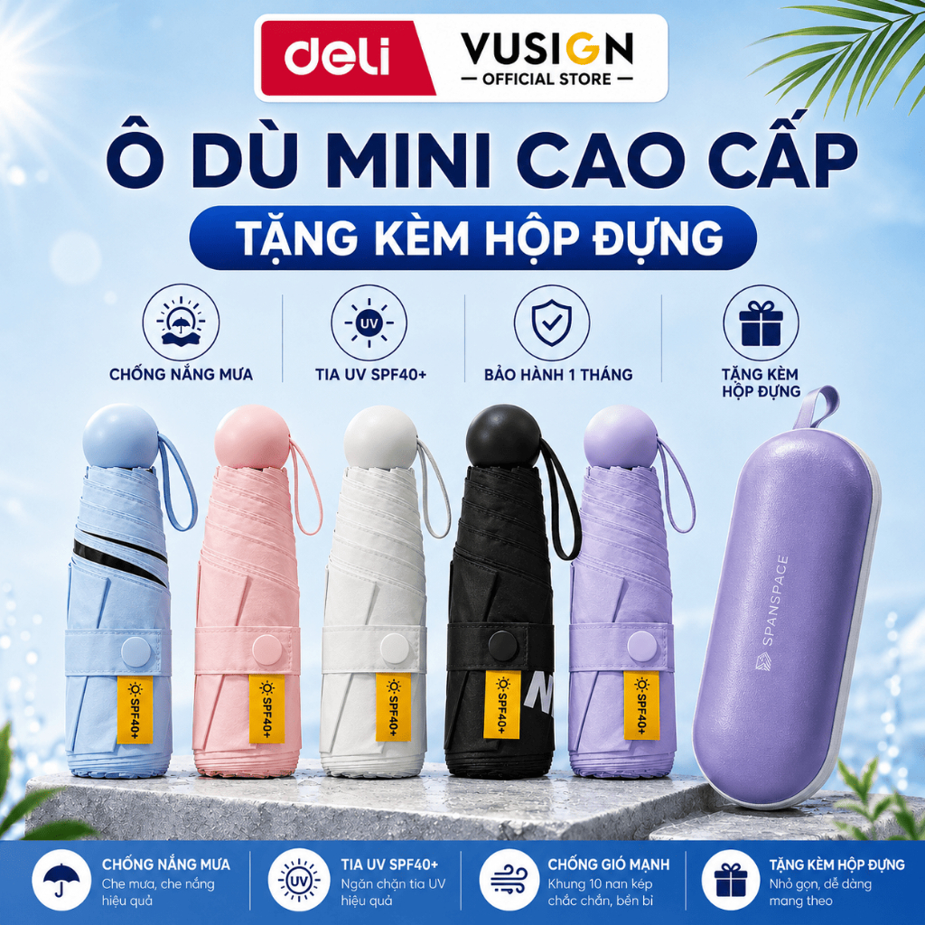 Ô Dù Mini Deli Spanspace Gấp Gọn Bỏ Túi Chống Tia UV Cao Cấp Che Nắng Mưa Du Lịch Đi Học
