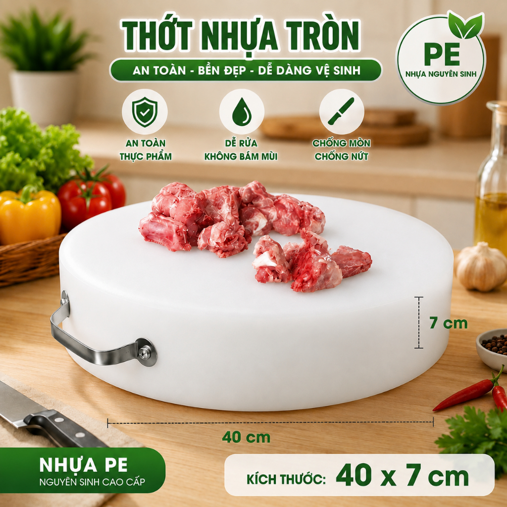 Thớt Nhựa PE 40x7cm Chuyên Chặt Gà, Thớt Tròn Nguyên Sinh Cao Cấp Không Nứt Vỡ, Bảo Hành 24 Tháng