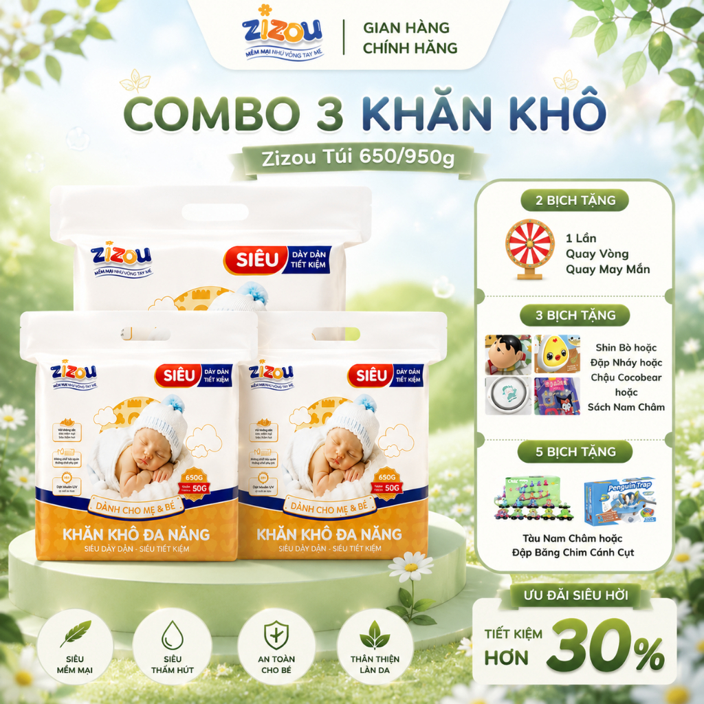 Combo 3 Gói Khăn Vải Khô Đa Năng ZIZOU 650g(~430 tờ) Mặt Chấm Bi Dày Dặn Cho Mẹ Bé Thay Khăn Sữa