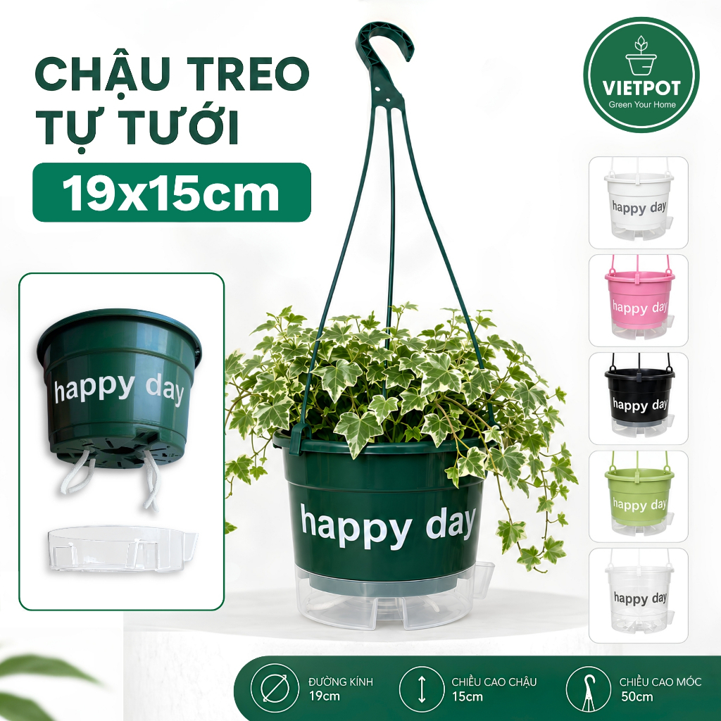 Chậu tự tưới treo Happy Day, size 19x15cm, VIETPOT, cho cây cảnh, thông minh decor ban công sân vườn